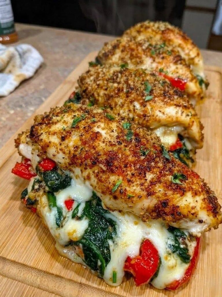 Roasted Red Pepper Spinach and Mozzarella Stuffed Chicken