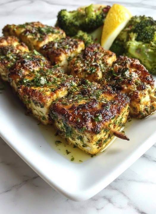 Vegan Lemon Garlic Tofu and Broccoli Skewers