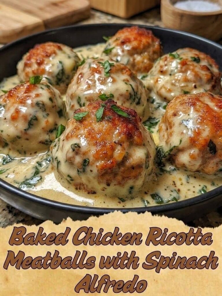 Baked Chicken Ricotta Meatballs with Spinach Alfredo