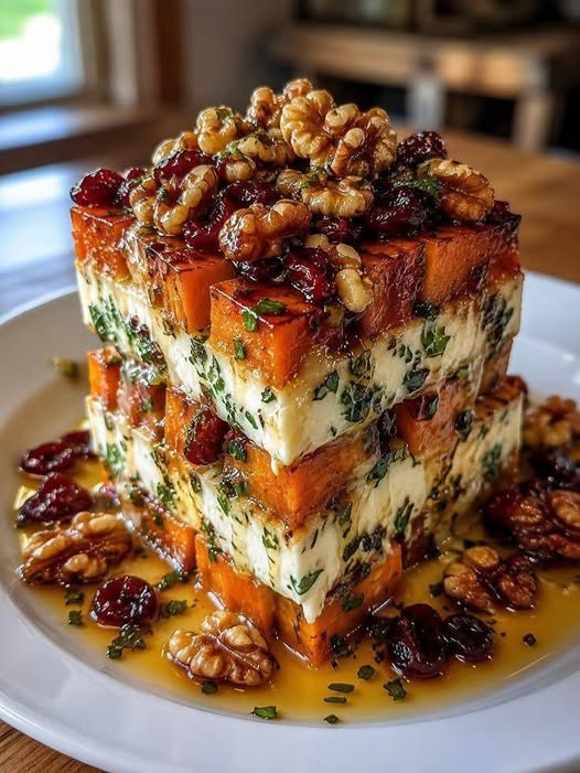 Layered Sweet Potato, Butternut Squash & Carrot Lasagna with Walnuts & Cranberry-Maple Glaze