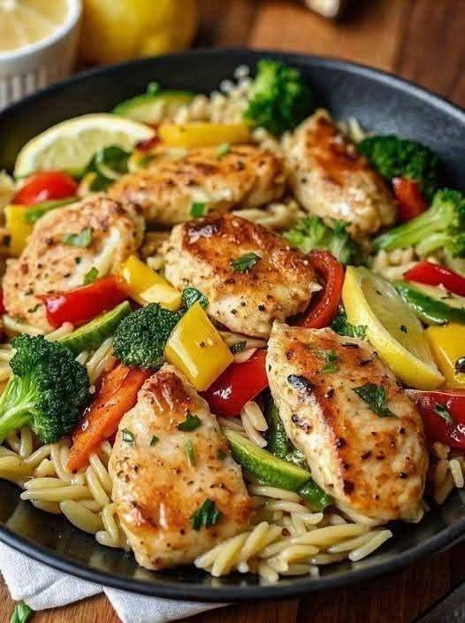 Lemon Garlic Chicken Orzo Skillet