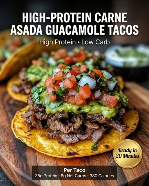 High-Protein Carne Asada Guacamole Tacos