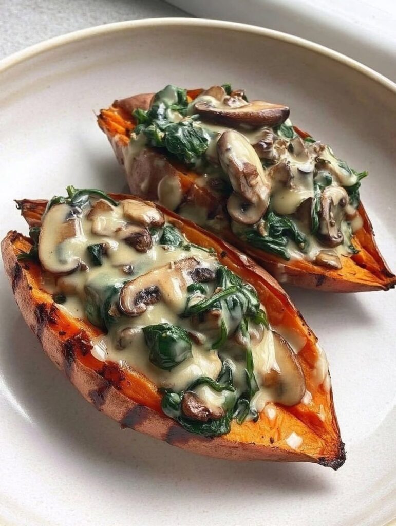 Creamy Mushroom Stuffed Sweet Potatoes