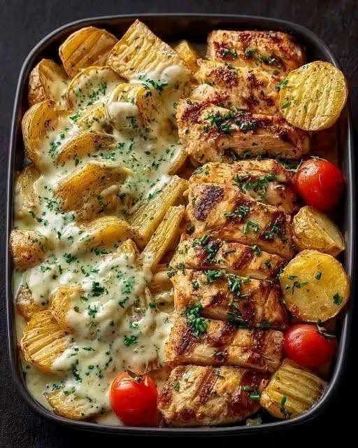 Creamy Artichoke & Herb Chicken Pasta Bake with Roasted Potatoes