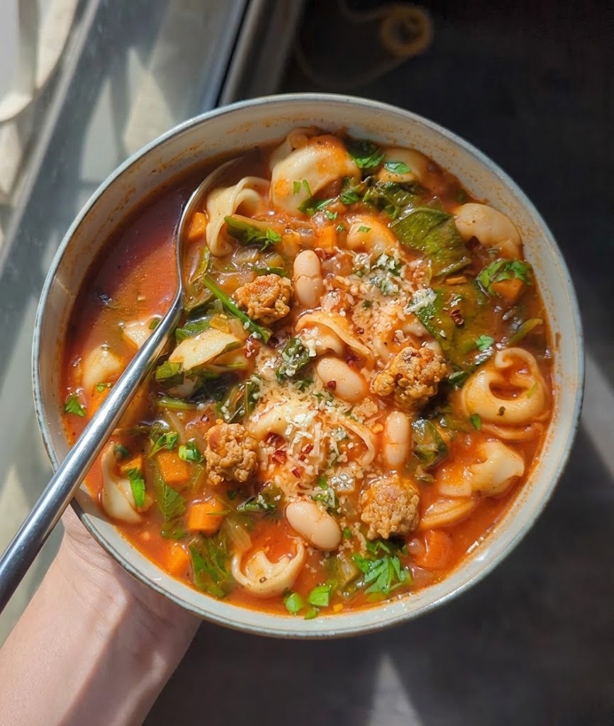 Vegan spinach tortellini soup.