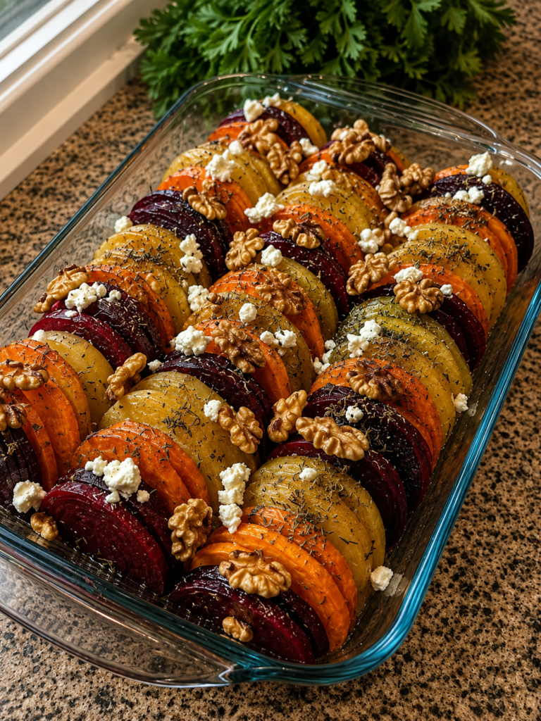 Vegan Layered Beet & Sweet Potato Gratin
