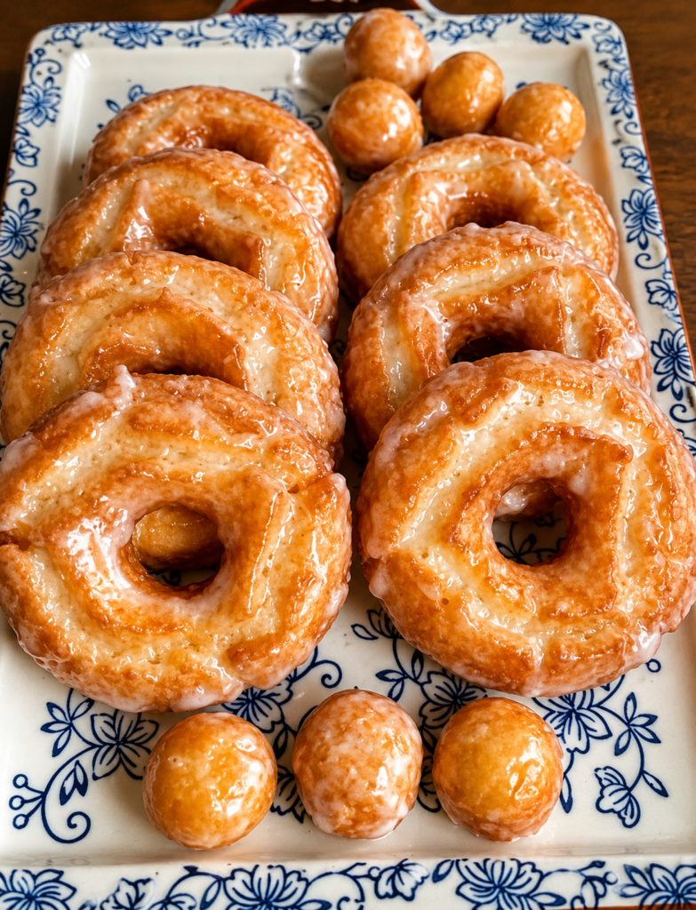 Glazed Doughnuts on a Blue Floral Platter