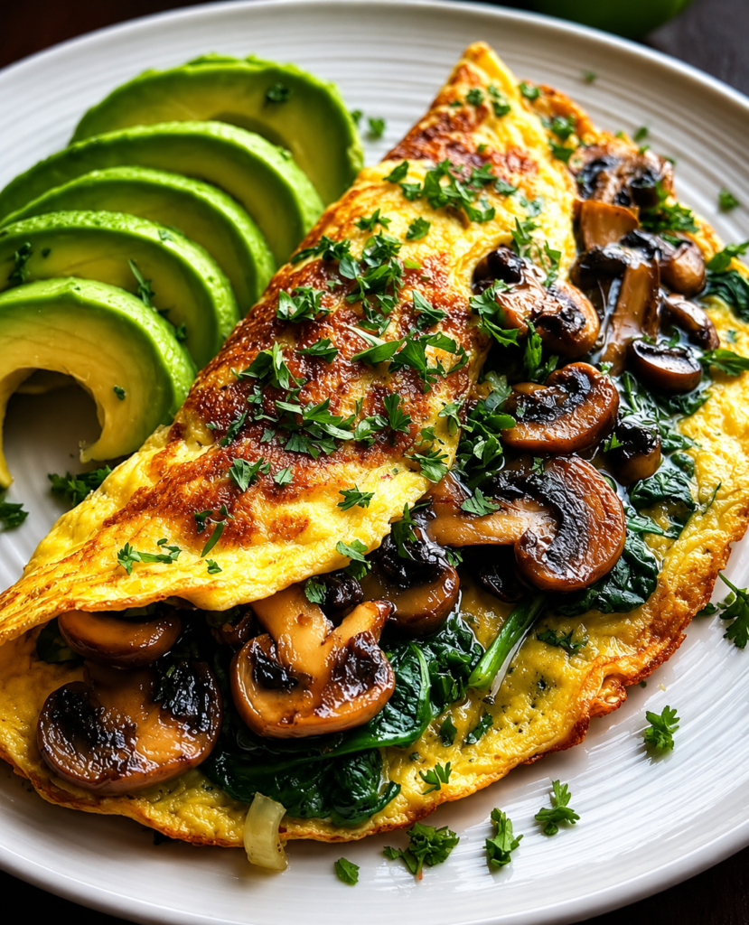 Golden Mushroom, Spinach and Avocado Vegan Omelette