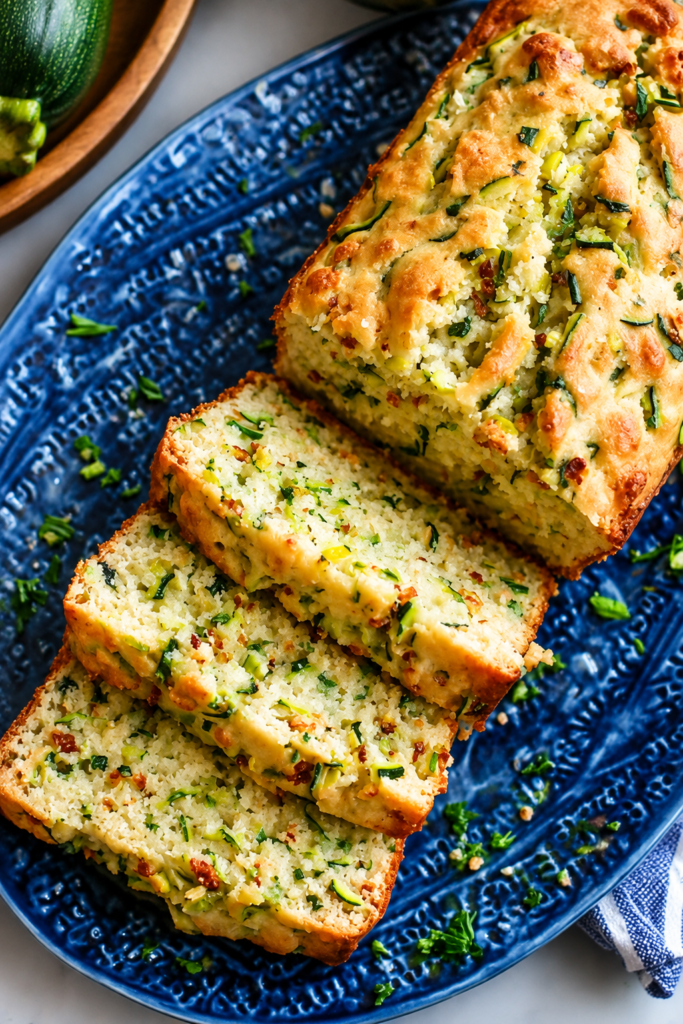 Rustic Zucchini Loaf on Blue Platter