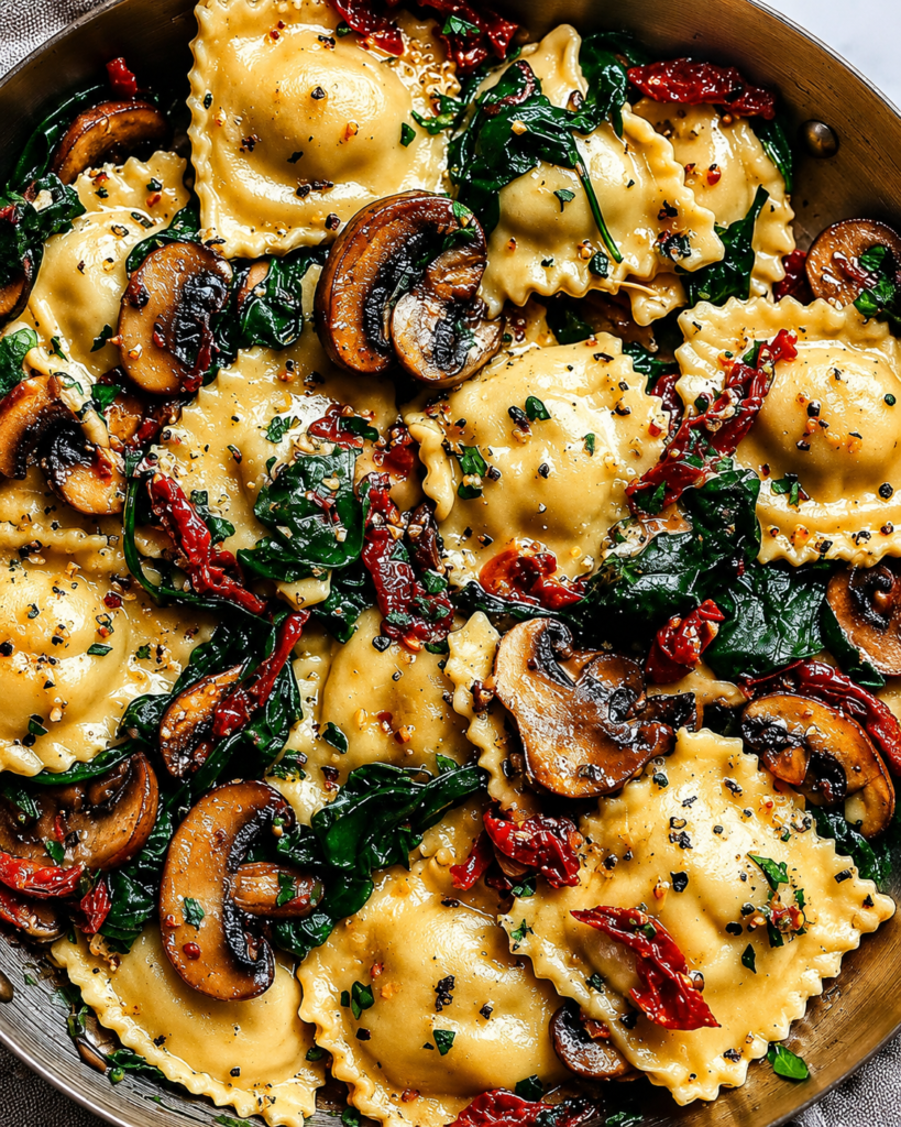 Vegan Ravioli with Spinach, Mushrooms and Sun-Dried Tomatoes