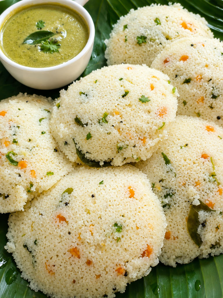 Steamed Semolina Cakes with Green Chutney
