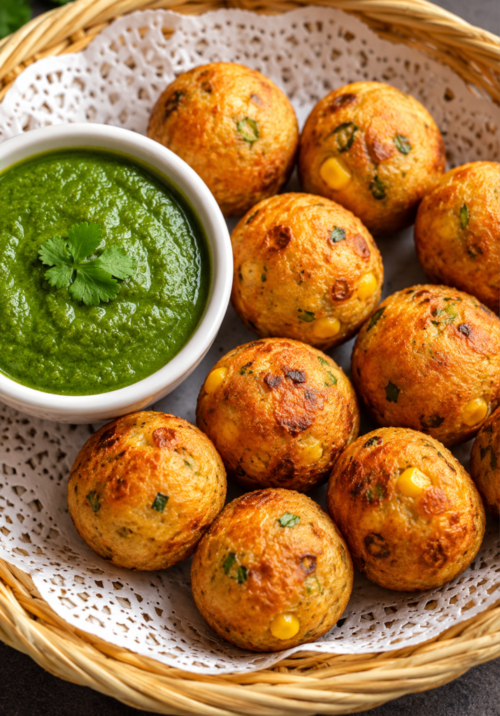 Vegan Golden Corn Fritters with Green Chutney