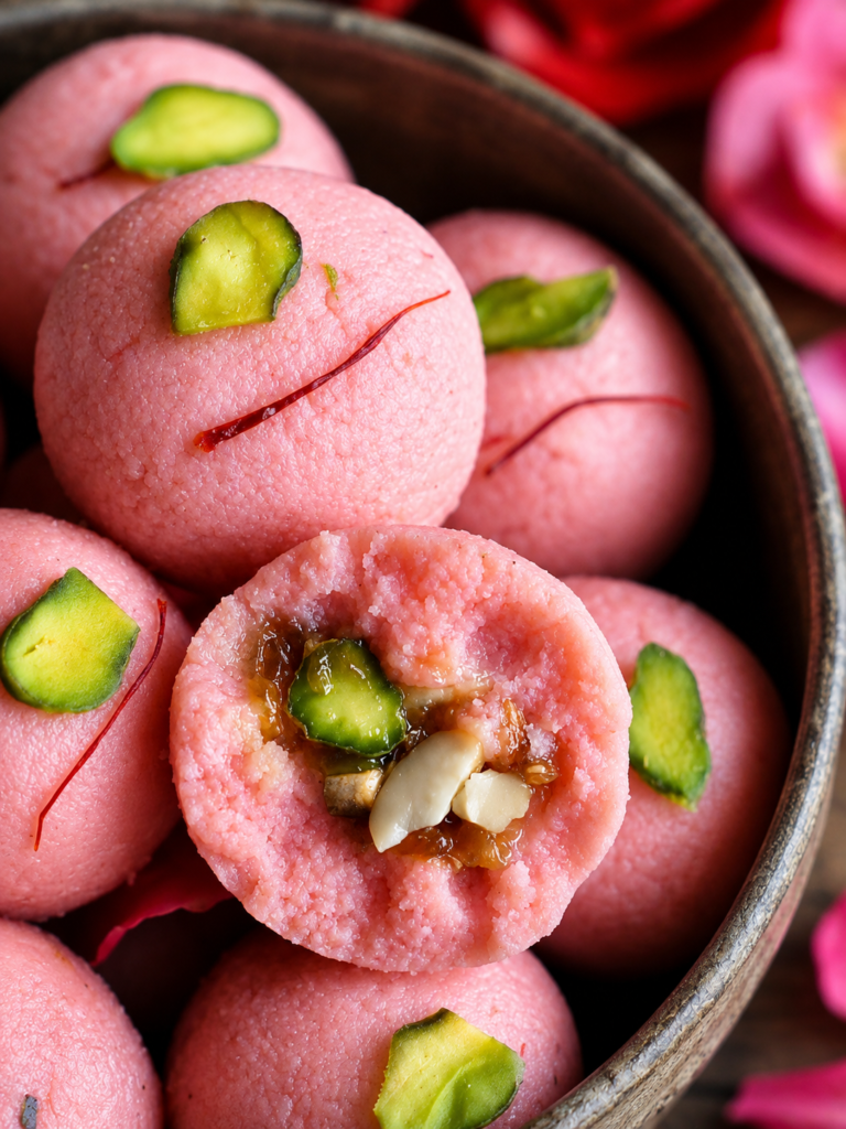 Vegan Pistachio-Garnished Pink Sweets with Syrupy Filling