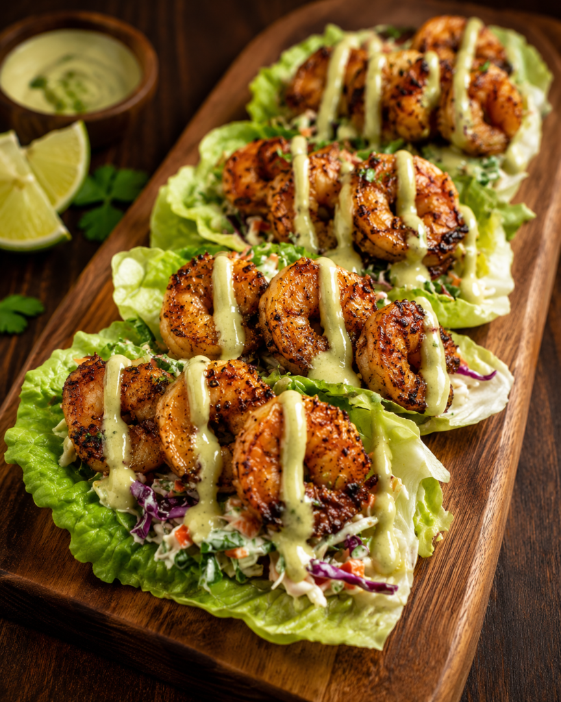 Grilled Shrimp Lettuce Wraps with Avocado Sauce