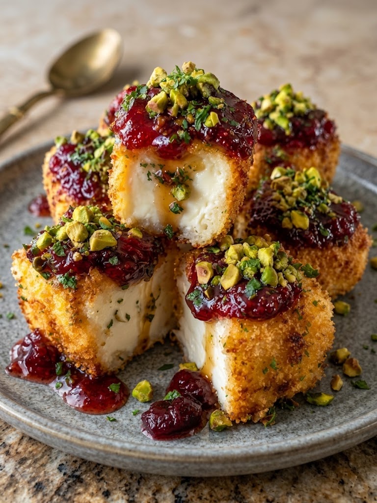 Pistachio-Crusted Vegan Brie Bites with Raspberry-Maple Glaze