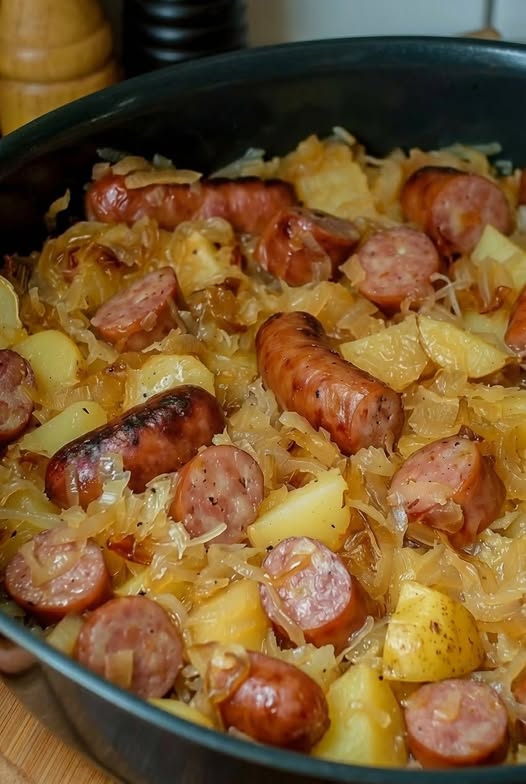 Polish Sausage, Sauerkraut and Potatoes (High-Protein Crockpot Comfort Dinner)