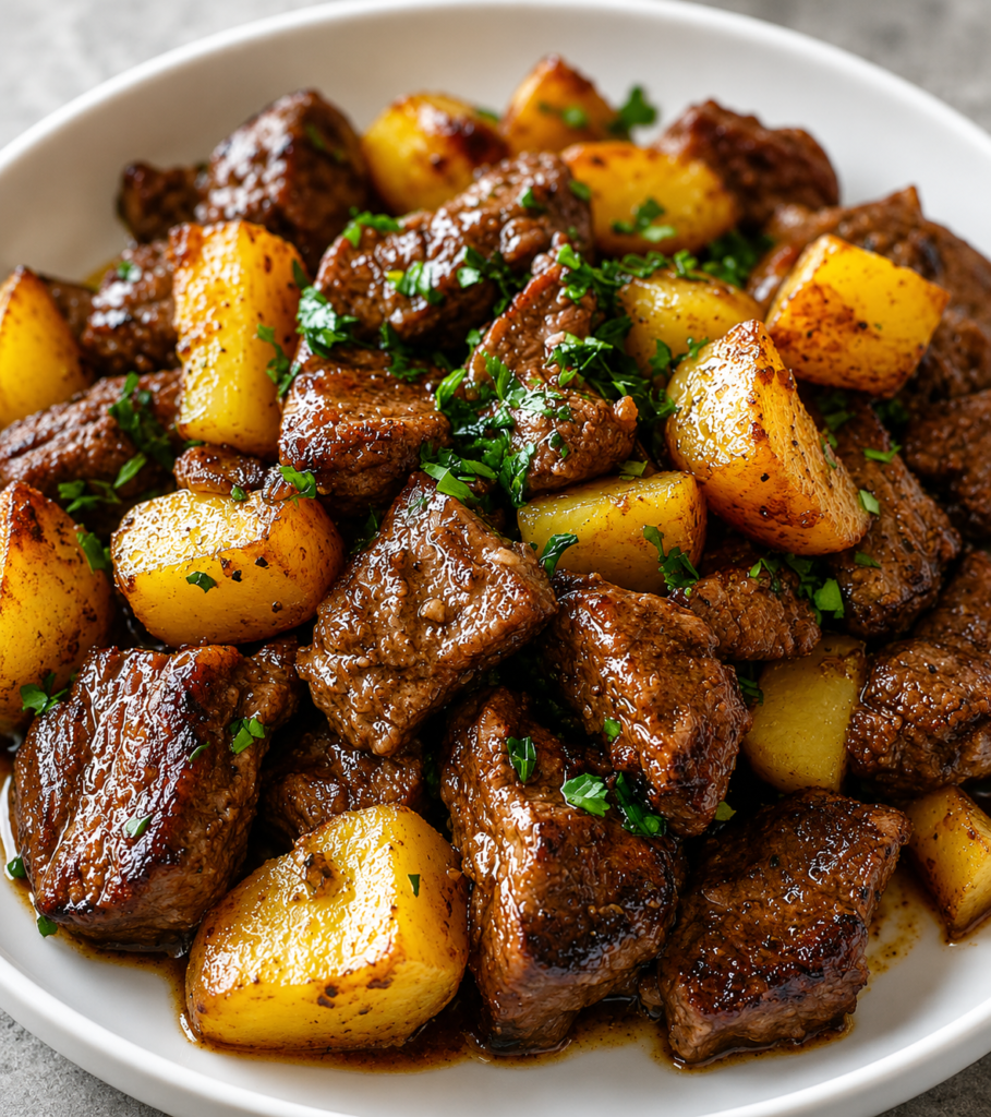 Air Fryer Garlic Butter Steak Bites and Potatoes