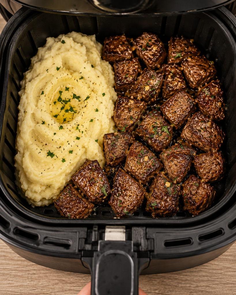 Air Fryer Garlic Butter Steak Bites with Creamy Mashed Potatoes