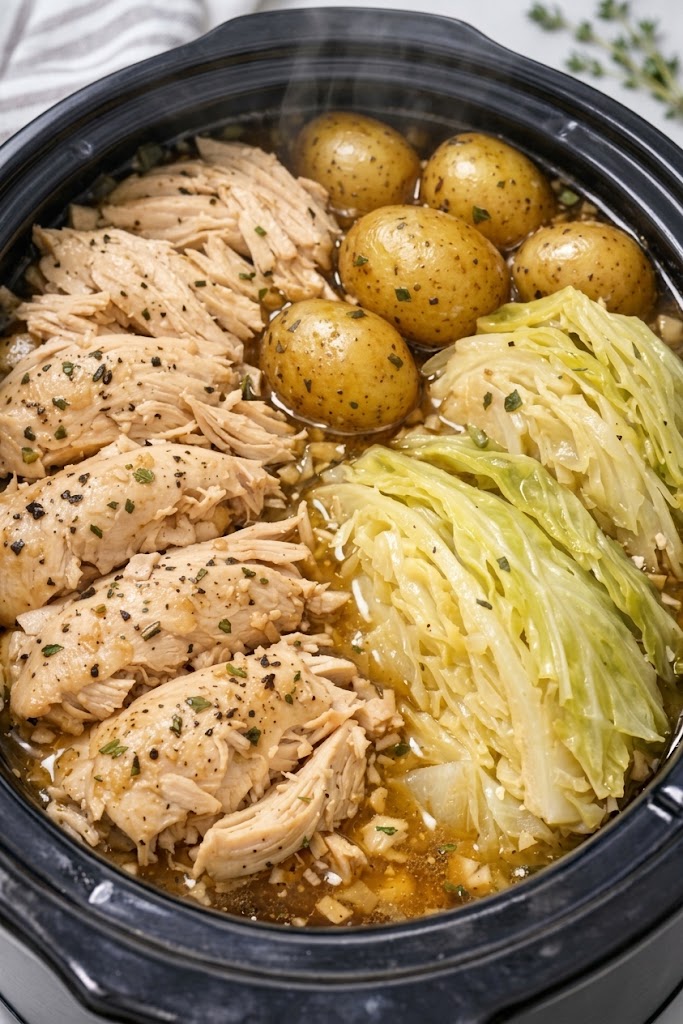 Crock pot chicken, potatoes and cabbage.