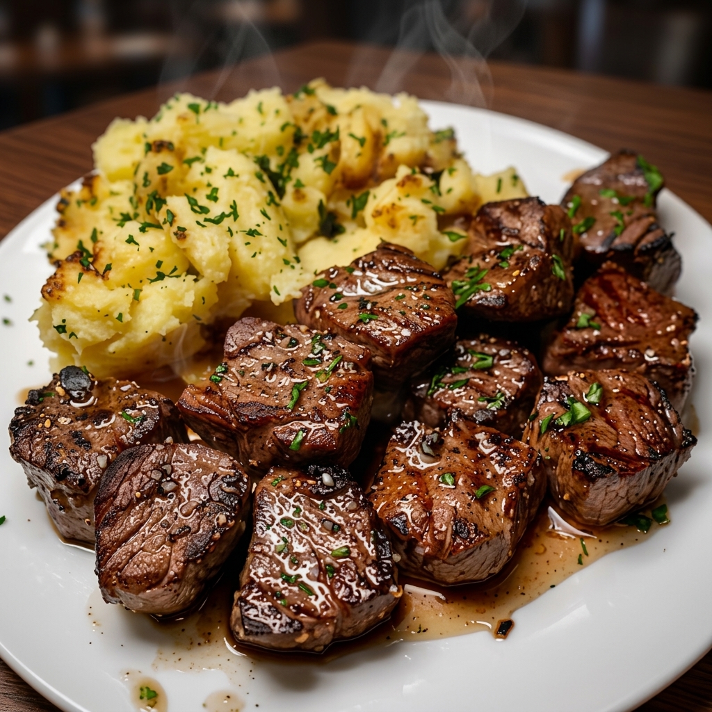 Garlic Butter Steak Bites and Cheesy Smashed Potatoes