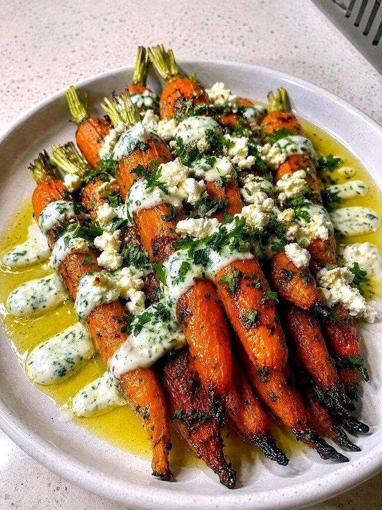 Vegan Roasted Garlic Butter Carrots with Lemon Feta Sauce