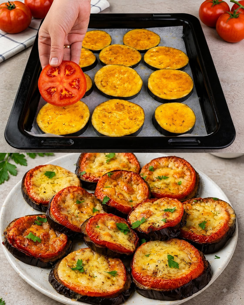 🍆🍅🧀 Cheesy Baked Eggplant & Tomato Bites