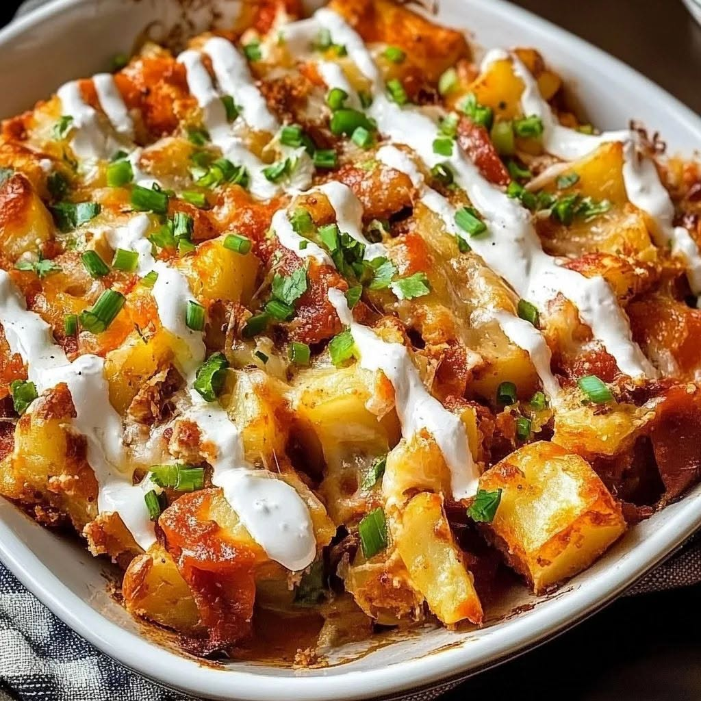 Loaded Buffalo Chicken Potato Bake