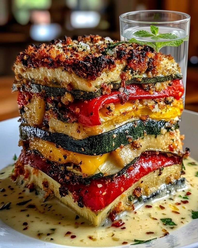 Layered Mediterranean Eggplant Zucchini Yellow & Red Bell Pepper Lasagna with Creamy Garlic Herb Three-Cheese Drizzle