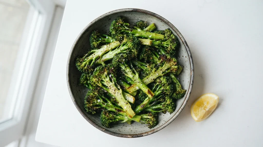 Air Fryer Tenderstem Broccoli with Stems Split for Even Cooking