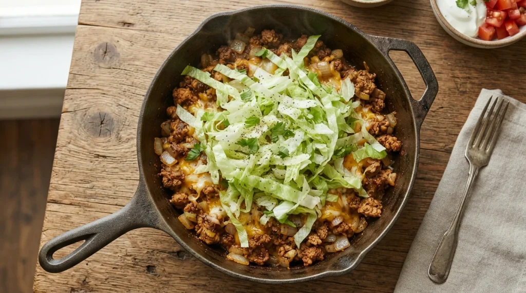 Keto Turkey Taco Skillet with Shredded Lettuce