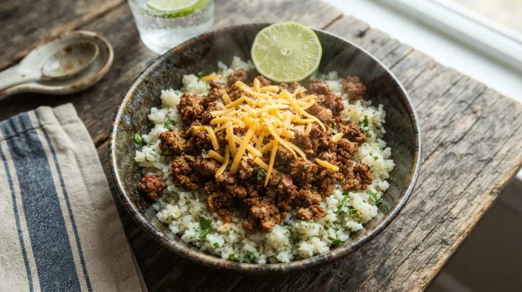 Crispy Keto Ground Beef Taco Bowls with Cauliflower Rice