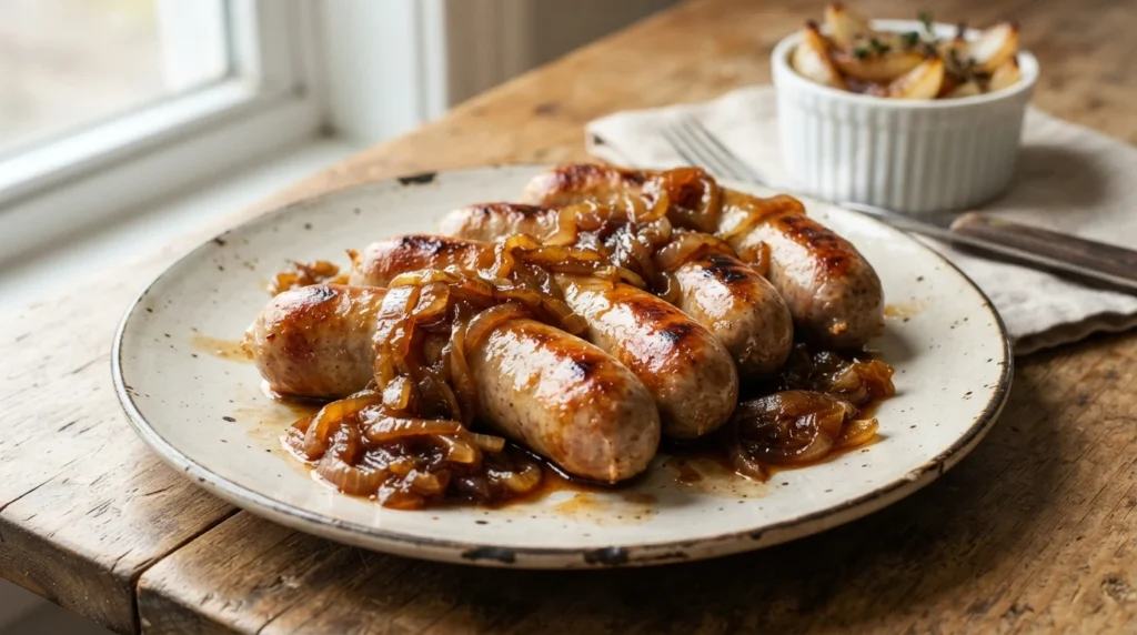 Air Fryer Bratwurst with Warm Onion Topping
