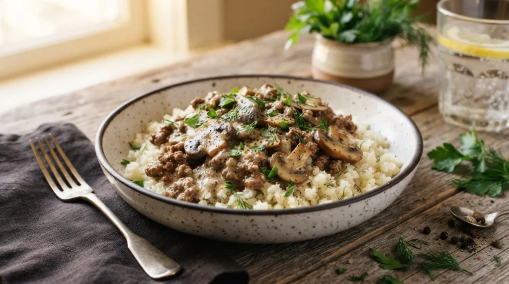 Keto Ground Beef Stroganoff with Mushrooms