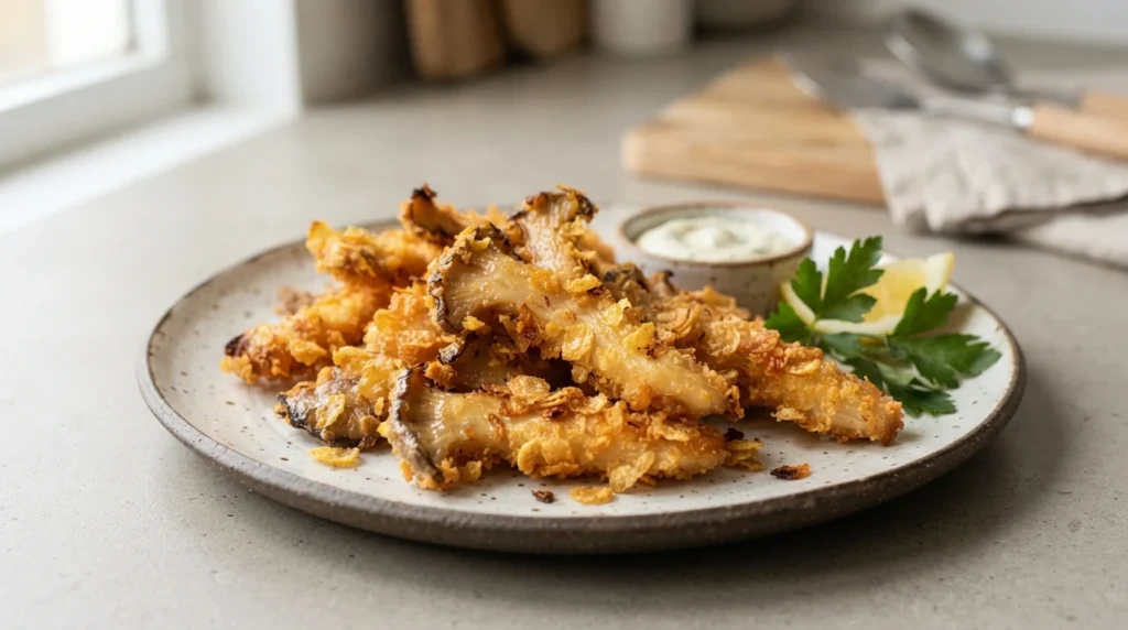 Crispy Air Fryer Oyster Mushroom Strips with Cornflake Crust