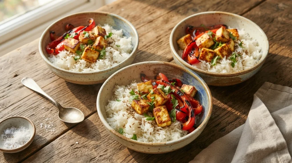 Air Fryer Paneer Rice Bowls with Roasted Peppers