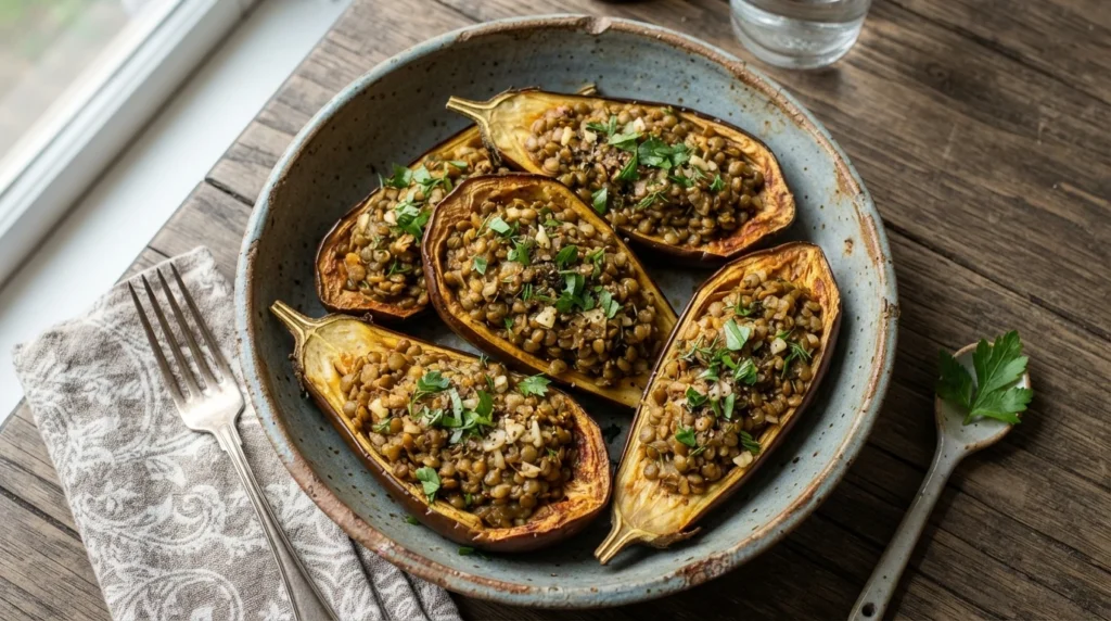 Air Fryer Eggplant Boats with Cooked Lentils