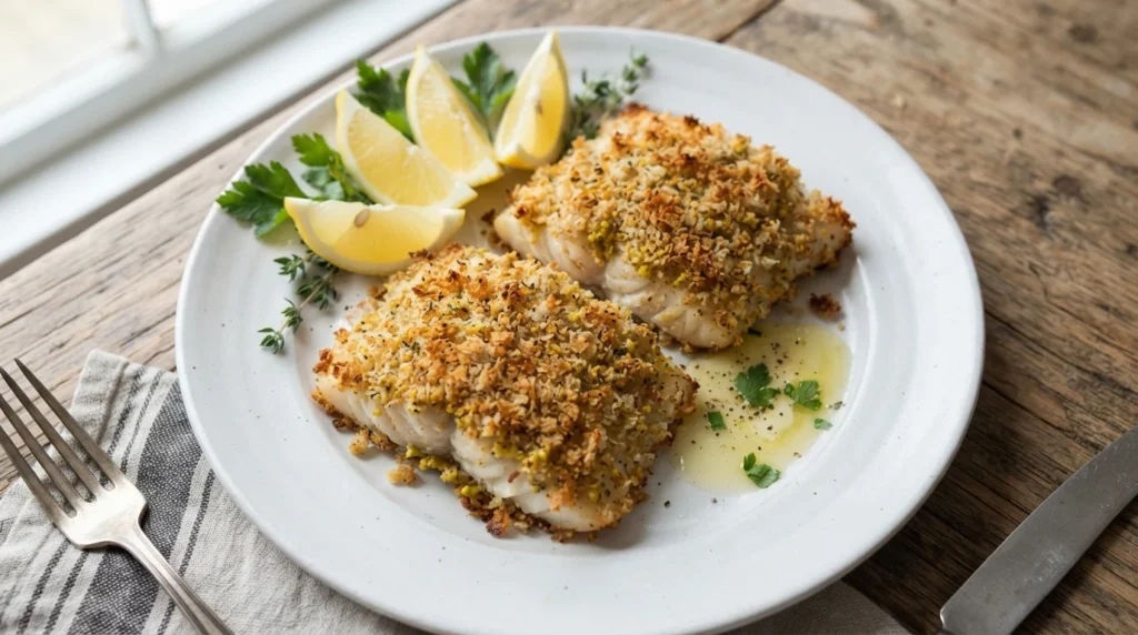 Air Fryer Halibut with Mustard Breadcrumb Crust