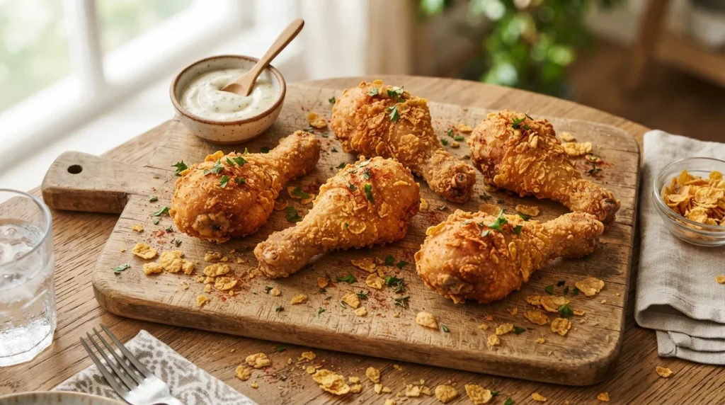 Air Fryer Cornflake-Crusted Drumsticks with No Bare Flour Patches