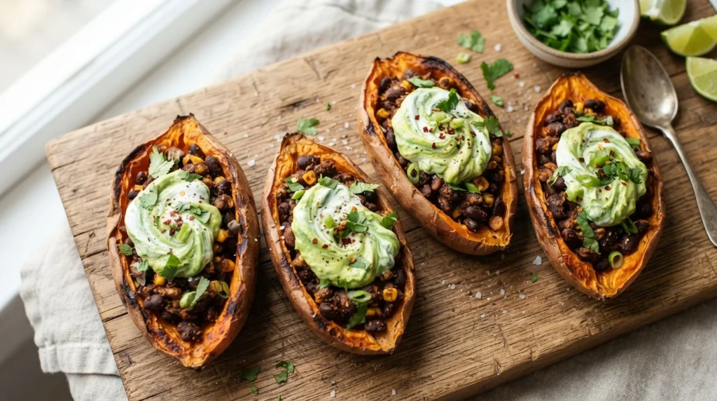 Air Fryer Sweet Potato Skins with Black Bean Filling
