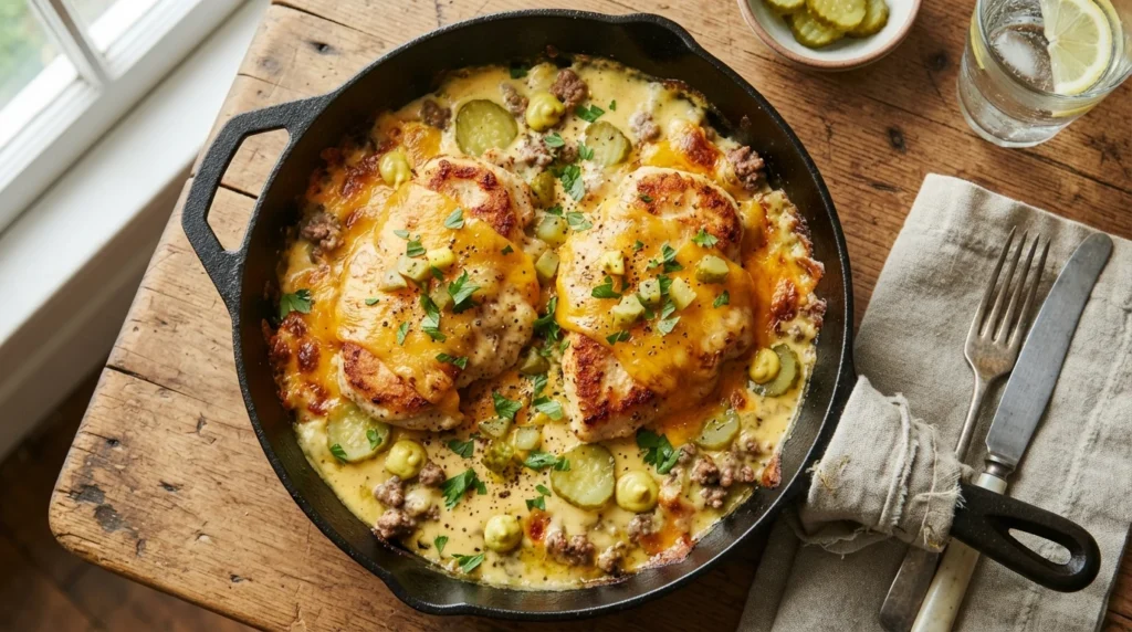 Keto Cheeseburger Skillet with Pickles and Mustard