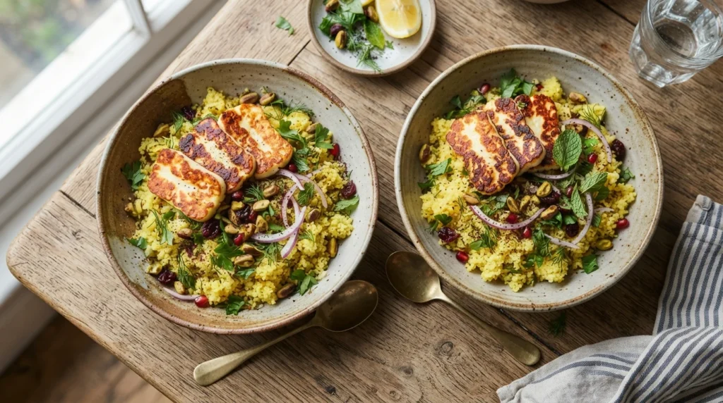 Air Fryer Halloumi Couscous Bowls with Lemon Dressing