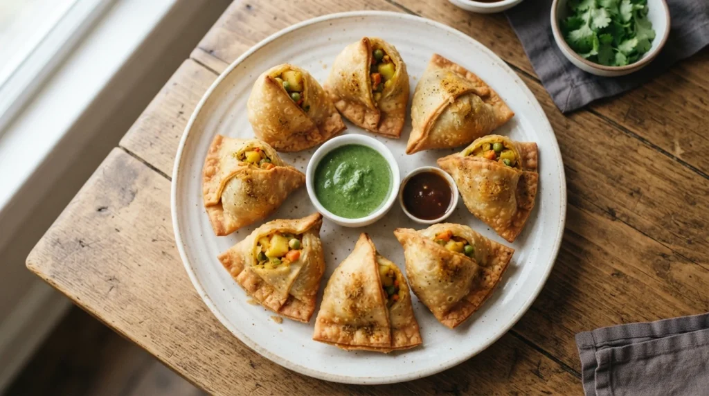 Air Fryer Vegetable Samosas with Cooked Potato Pea Filling