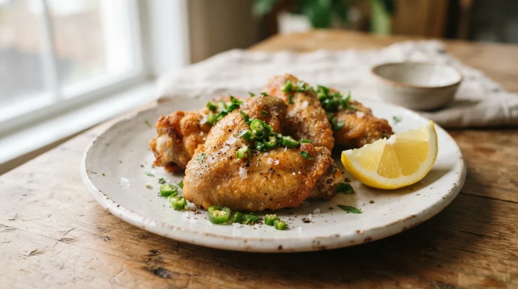 Air Fryer Salt & Pepper Wings with Fresh Chili Garnish