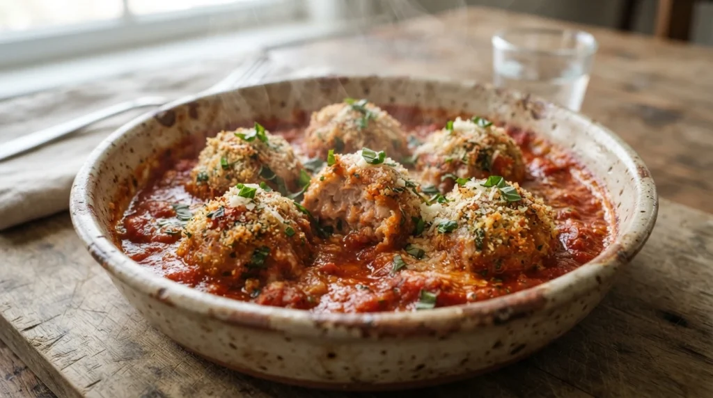Air Fryer Chicken Parmesan Meatballs in Warm Marinara