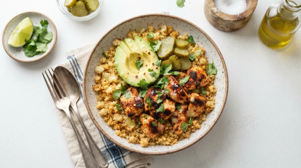 Keto Chicken Burrito Bowl Without Rice or Beans