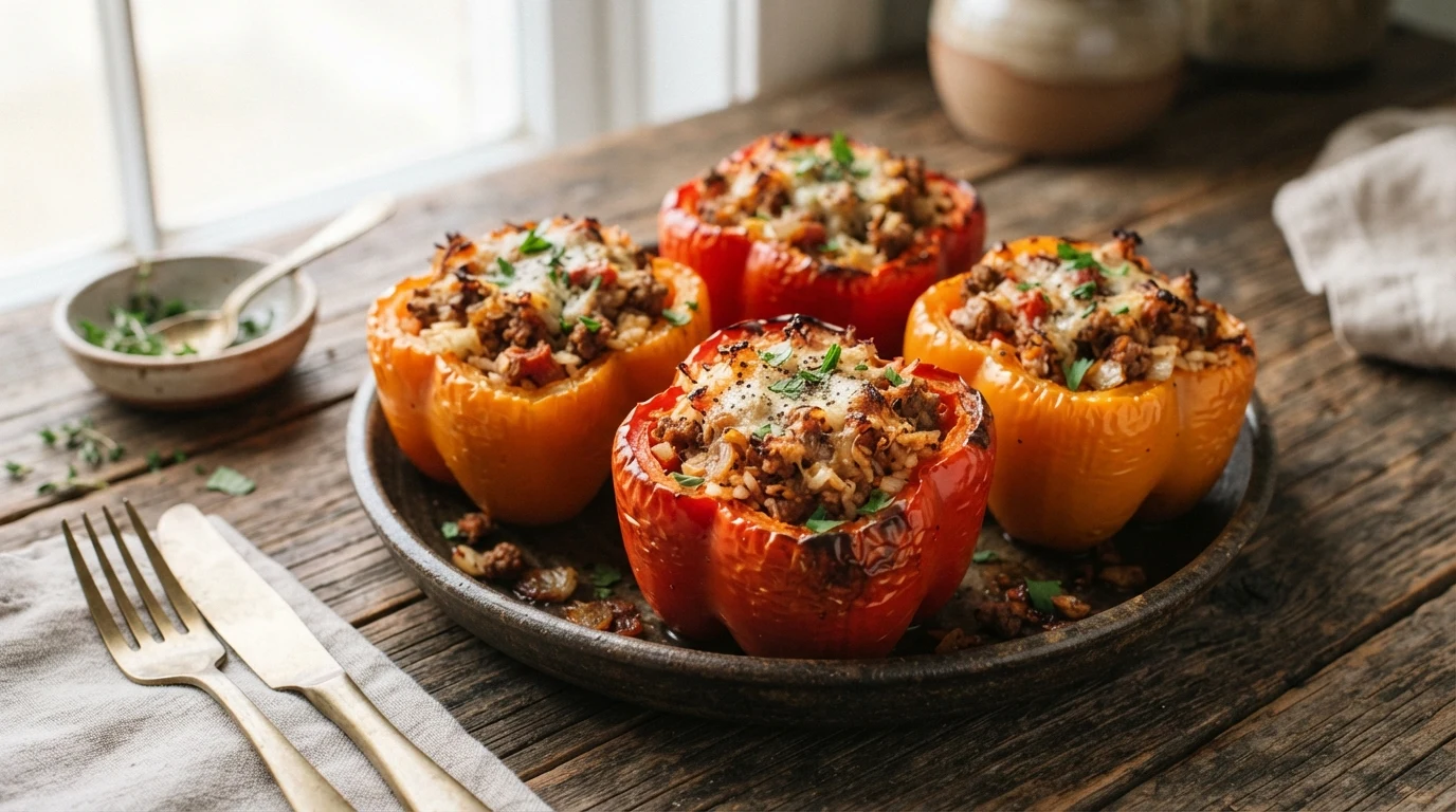 Air Fryer Beef Stuffed Bell Peppers with Cooked Rice