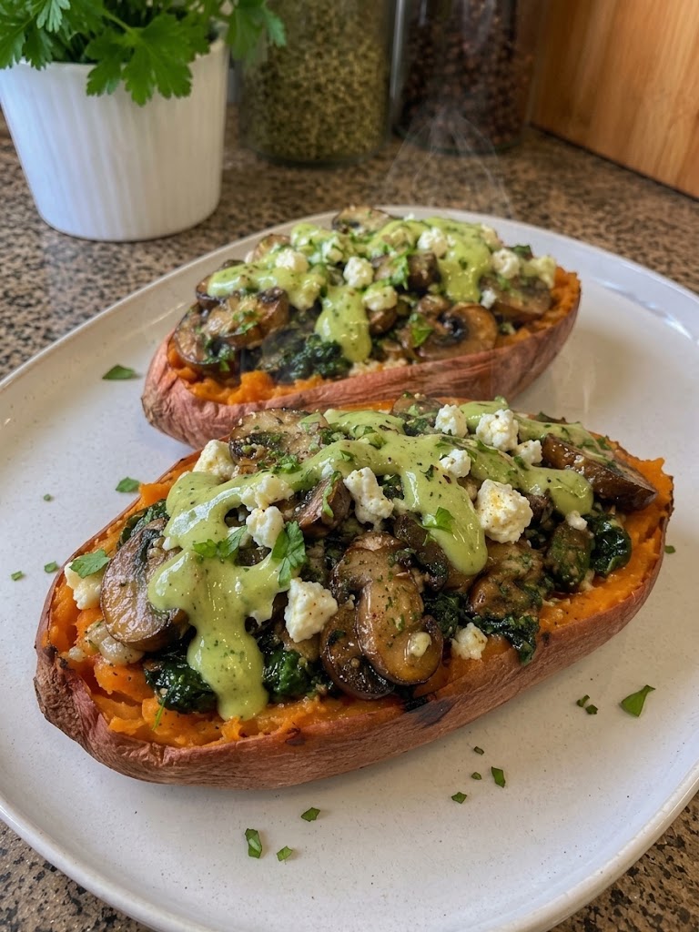 Anti-Inflammatory Sweet Potato Boats Filled With Spinach, Mushroom & Feta 🍠🥬🍄🧀