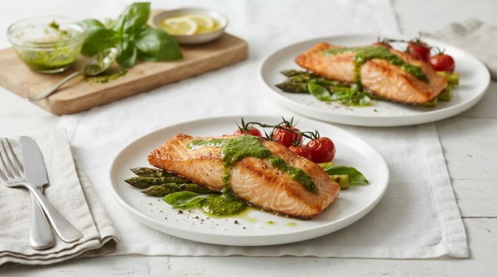 Air Fryer Pesto Salmon with a Thin Topping