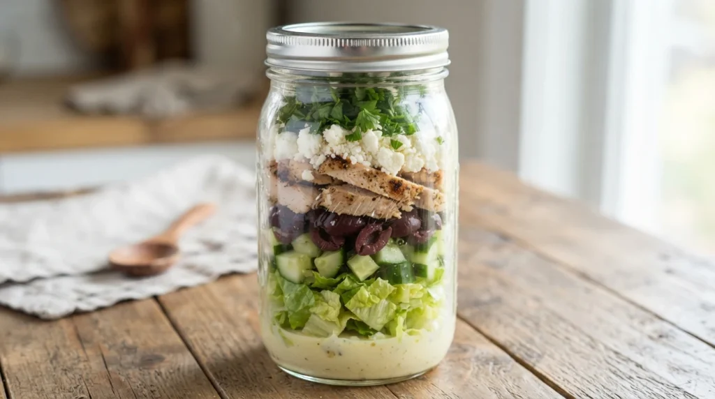 Keto Greek Chicken Mason Jar Salad with Dressing at the Bottom