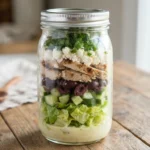 Keto Greek Chicken Mason Jar Salad with Dressing at the Bottom